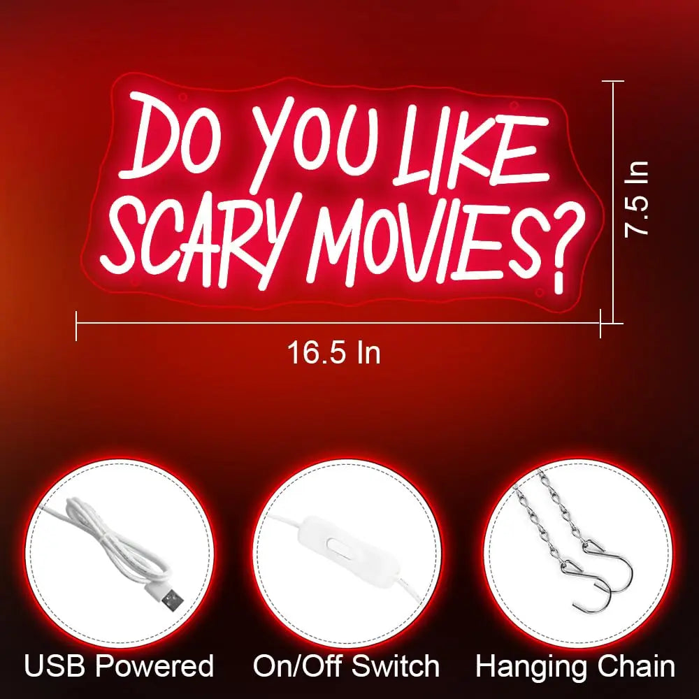 Do You Like Scary Movies? LED Neon Sign – USB Horror Movie Wall Decor for Home Theater, Halloween & Media Rooms