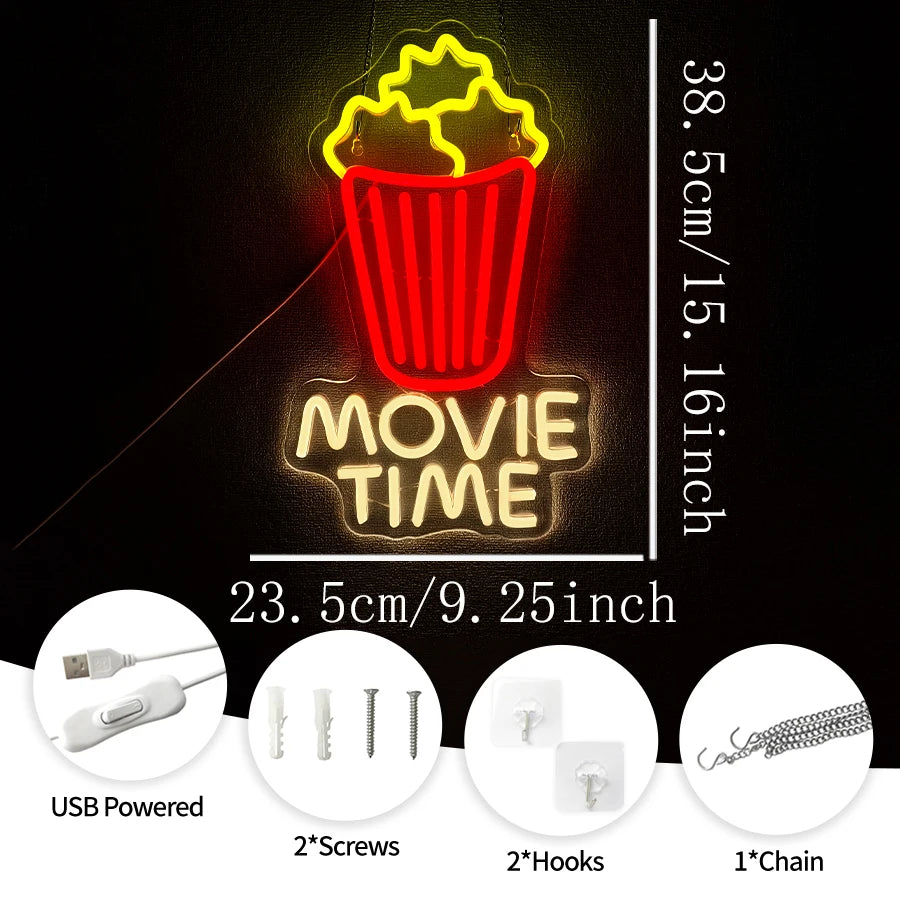 Popcorn LED Neon Sign – USB Powered Movie Theater Wall Decor for Home Theater, Media Room & Man Cave