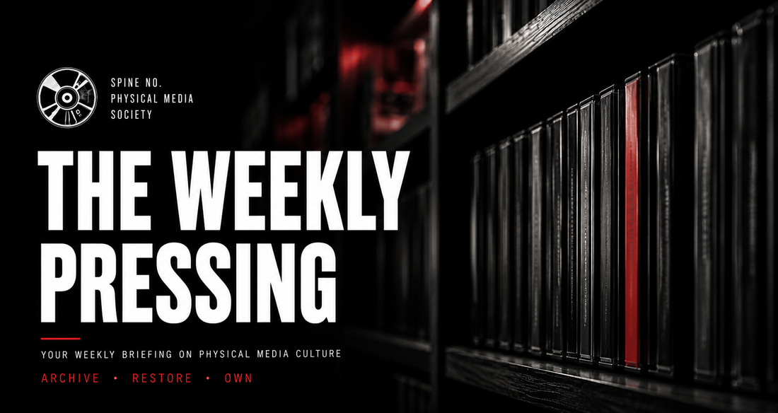 The Weekly Pressing header graphic featuring dark cinematic shelves of physical media with bold SPINE No. editorial typography