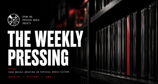 The Weekly Pressing header graphic featuring dark cinematic shelves of physical media with bold SPINE No. editorial typography
