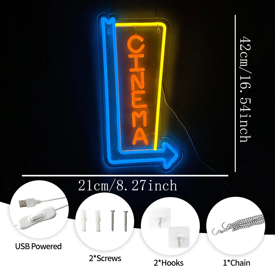 Retro Cinema LED Neon Sign – USB Powered Movie Theater Wall Decor for Home Theater, Media Room & Man Cave